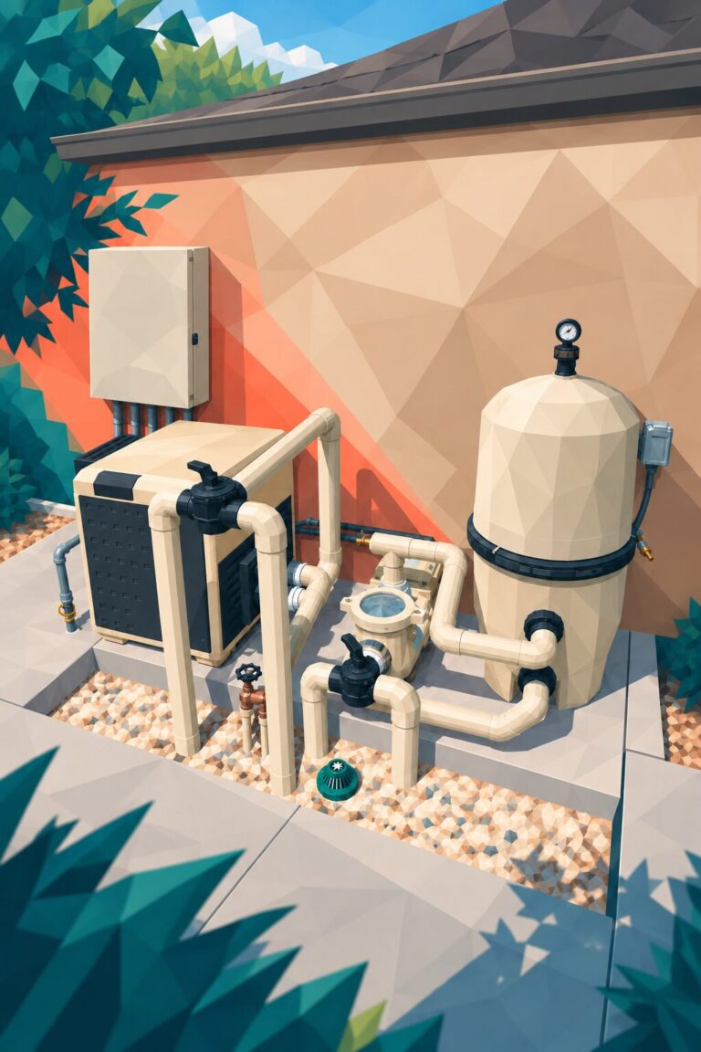 Stylized residential pool equipment pad with pump, filter, heater, plumbing, and automation controls