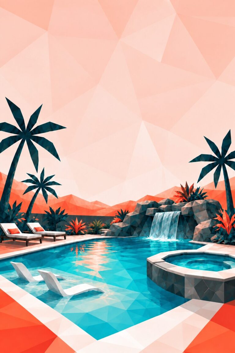 Stylized residential swimming pool with spa, Baja shelf, and grotto waterfall
