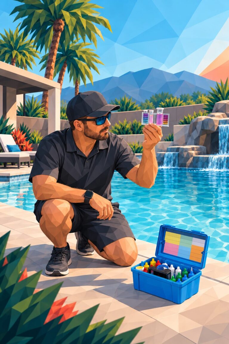 Stylized pool technician testing swimming pool water beside a water chemistry test kit